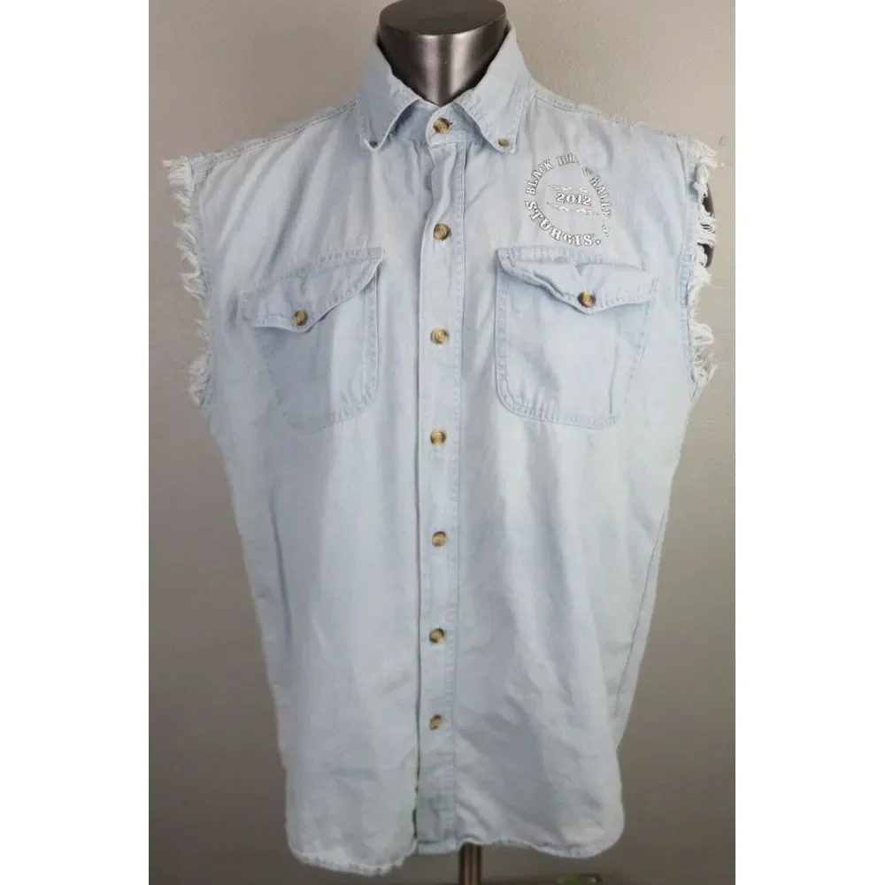Sturgis Black Hills Biker Design Blue Denim Vest Size L Vintage‎ 2012 Front End